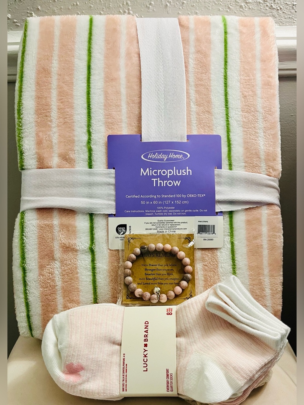 LUCKY BRAND NWT Bundle- socks, inspirational stretch bracelet & Blanket.